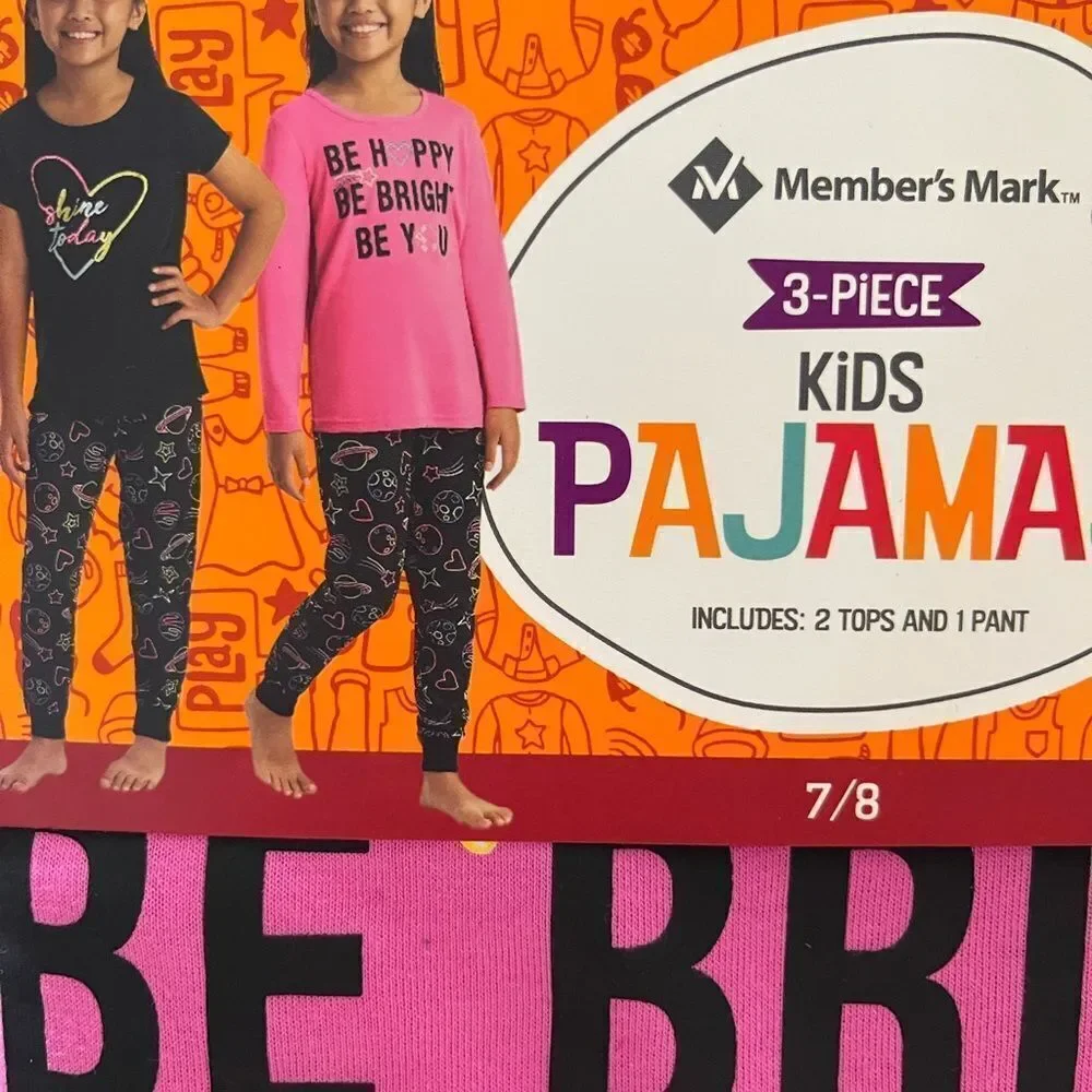 Member’s Mark girl’s pajama‎ 3 piece set incl 1 long slve top, 1 tee,1 pj bottom